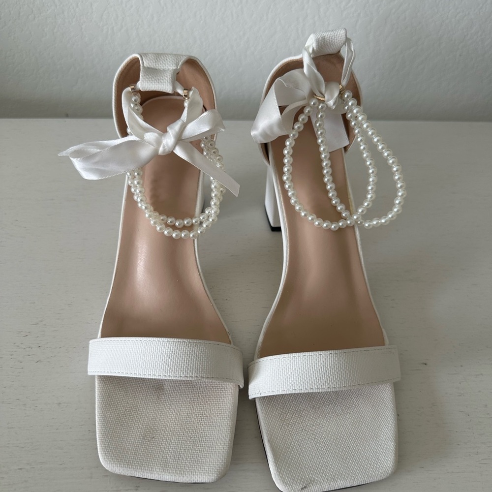Elegant White Women's Heels with Pearl Accents